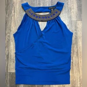 Grass Collection Blue Sleeveless Crossover Beaded w/Round Neckline Blouse Size M